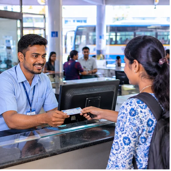 Illustration of bus ticket counter staff handing a ticket to a passenger