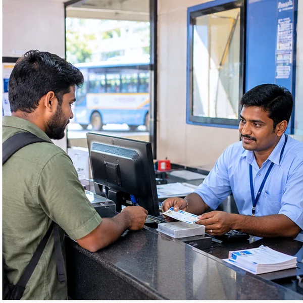 Illustration of a passenger confirming bus ticket details with counter staff
