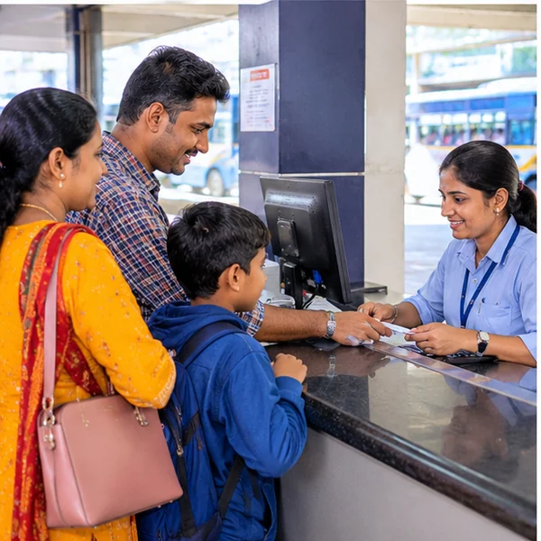 Illustration of a family buying bus tickets at a ticket counter