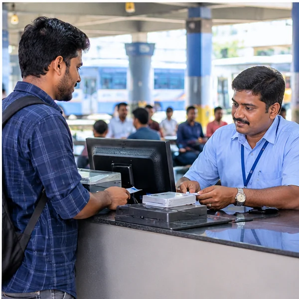 Illustration of a traveller collecting a bus ticket from a staffed counter